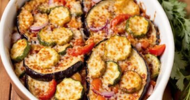 Блюдо с баклажанами запеченными в духовке с овощами и козьим сыром