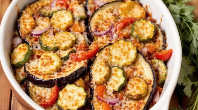 Блюдо с баклажанами запеченными в духовке с овощами и козьим сыром