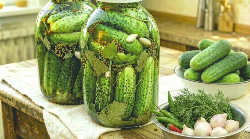 Две банки закатанных огурцов на столе