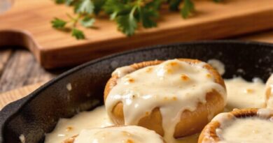 шампиньоны фаршированные курицей и пшеничной крупой в сливочном соусе