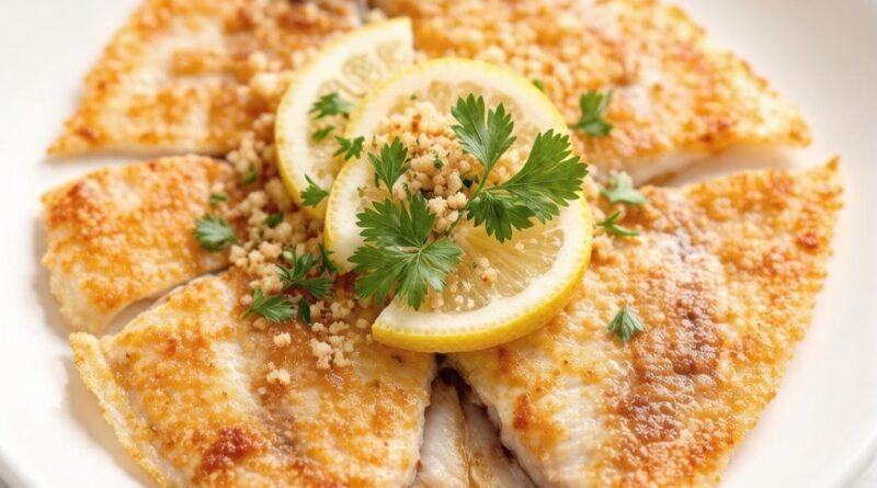 Судак раскрытый бабочкой с лимоном и веточкой зелени