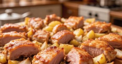 Кусочки запеченной в духовке свинины с картофелем и луком на столе