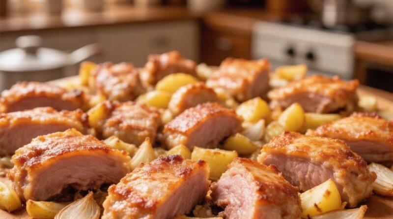 Кусочки запеченной в духовке свинины с картофелем и луком на столе