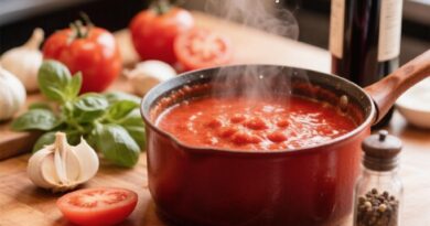Сотейник с горячим томатным соусом с красным сухим вином